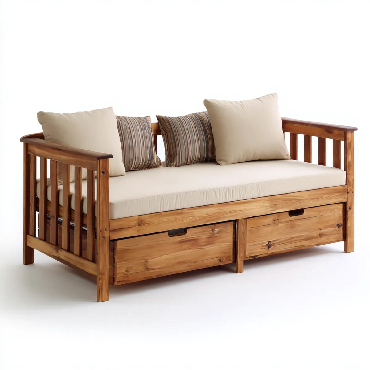Divano letto 3 posti marrone e beige in legno massello di pino con 2 cassetti 200 x 85 x 90 cm