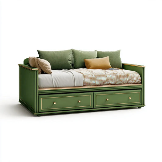 Divano letto singolo con 2 cassetti verde in MDF e legno massello rettangolare 210 x 100 x 90 cm