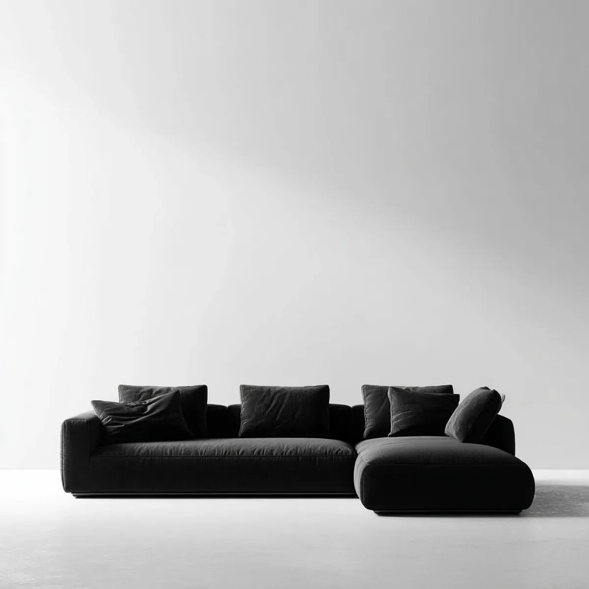 Divano angolare con penisola destra nero in velluto di poliestere a L 300 x 170 x 78 cm