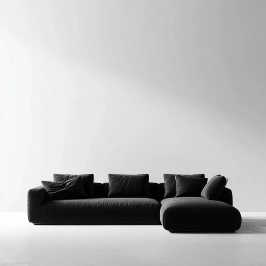 Divano angolare con penisola destra nero in velluto di poliestere a L 300 x 170 x 78 cm