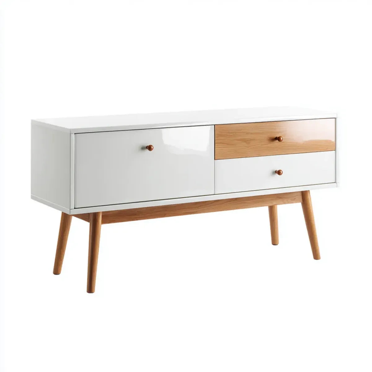 Mobile TV bianco e rovere con 2 cassetti 1 anta in MDF e pino massello rettangolare 120 x 40 x 55 cm