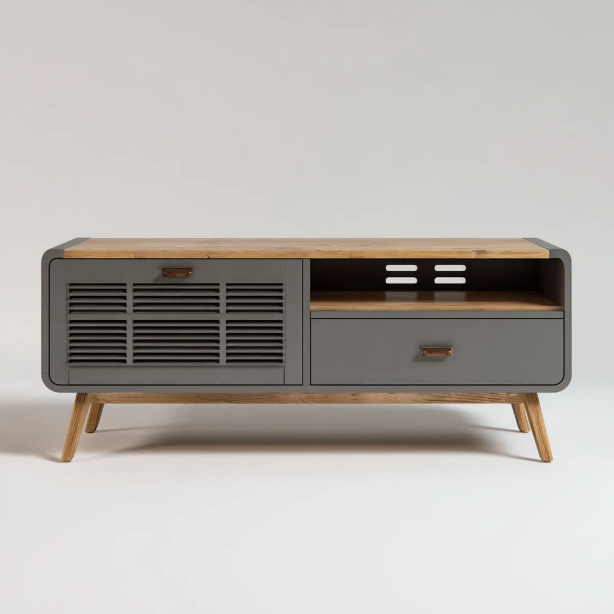 Mobile TV rettangolare grigio e rovere 140 x 40 x 65 cm in MDF e legno massello
