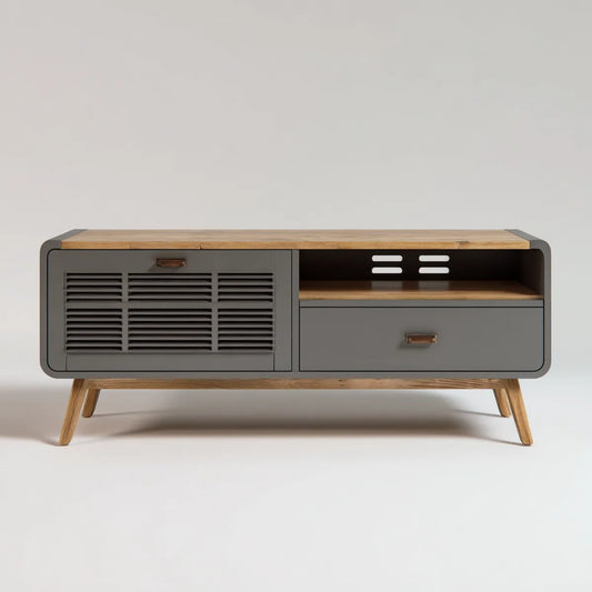 Mobile TV rettangolare grigio e rovere 140 x 40 x 65 cm in MDF e legno massello