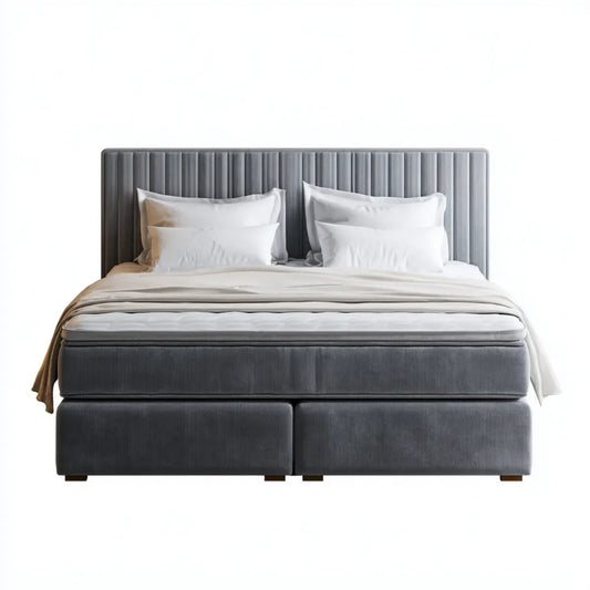 Letto matrimoniale boxspring grigio 180 x 200 cm con testiera imbottita in poliestere