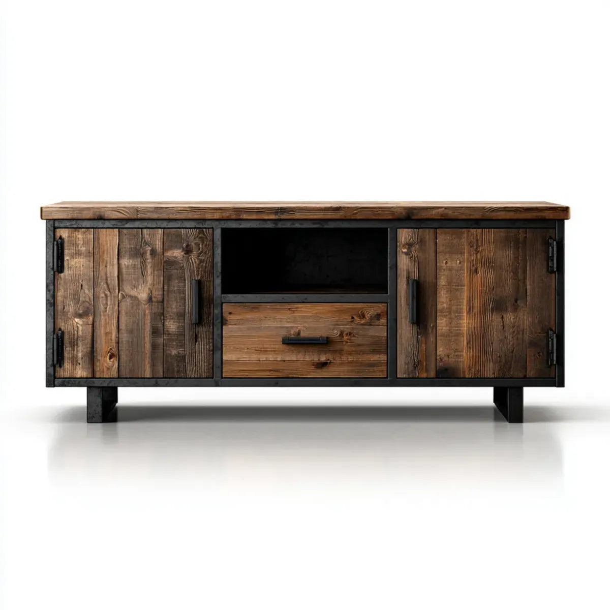 Mobile TV basso marrone e nero 160 x 40 x 60 cm in legno massello di pino e acciaio rettangolare