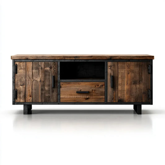 Mobile TV basso marrone e nero 160 x 40 x 60 cm in legno massello di pino e acciaio rettangolare