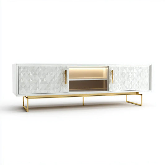 Mobile TV bianco e oro 200 x 40 x 55 cm in MDF laccato con ante 3D rettangolare e LED