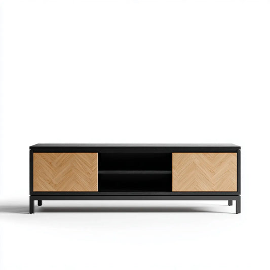 Mobile TV basso nero e rovere con 2 ante scorrevoli 160 x 40 x 55 cm in MDF impiallacciato e acciaio rettangolare