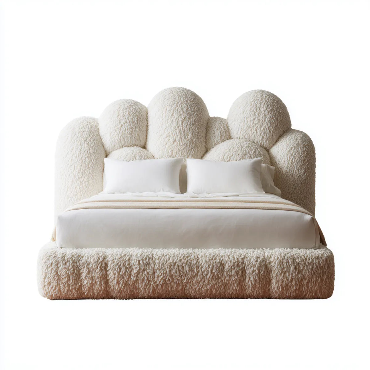 Letto matrimoniale beige 160 x 200 cm in poliestere effetto pelliccia sintetica con testiera arrotondata