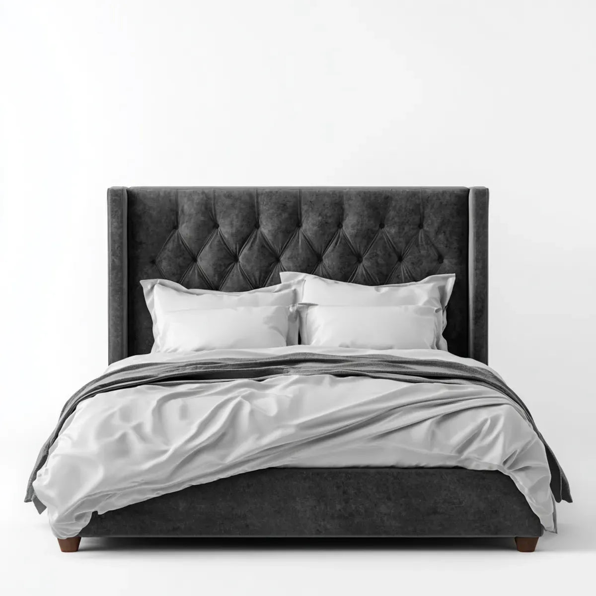 Letto matrimoniale imbottito grigio scuro 160 x 200 cm in velluto di poliestere con testiera capitonné rettangolare