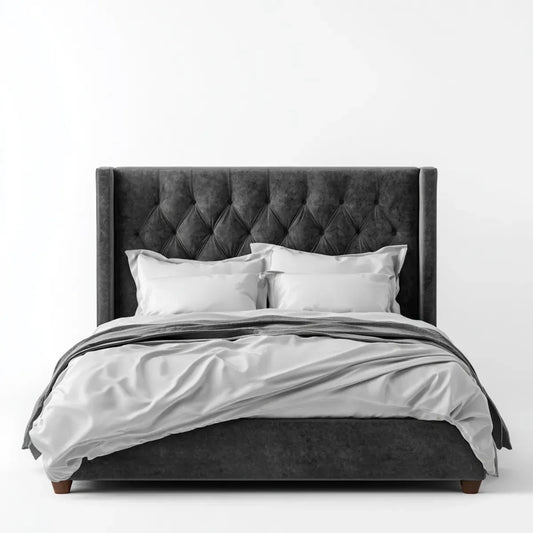 Letto matrimoniale imbottito grigio scuro 160 x 200 cm in velluto di poliestere con testiera capitonné rettangolare