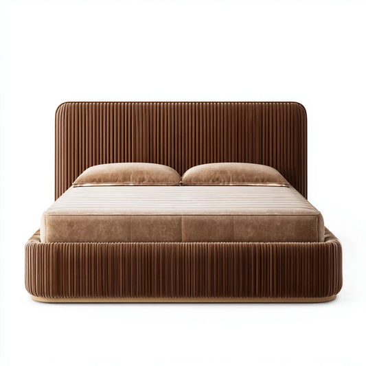 Letto matrimoniale imbottito marrone 180 x 200 cm in velluto di poliestere con testiera arrotondata