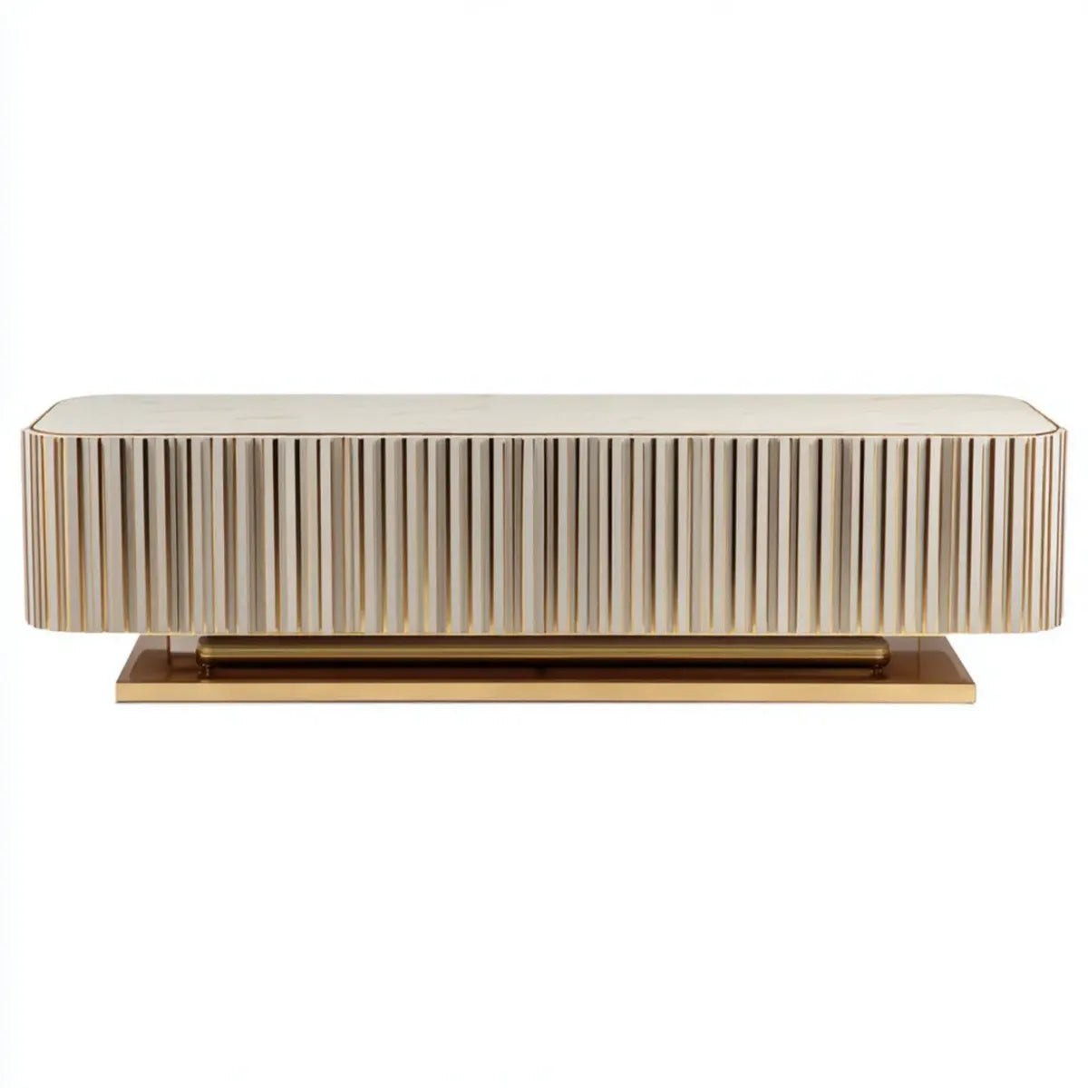 Mobile TV basso avorio e oro in MDF 180 x 40 x 45 cm con frontale scanalato rettangolare
